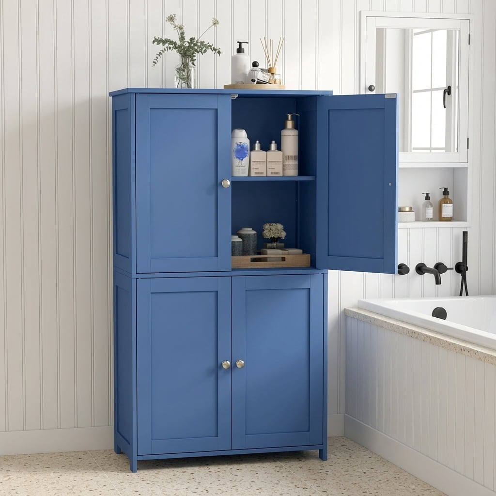 LEDREM Bathroom Storage Floor Cabinet Organizer with Adjustable Shelf 4 Magnetic Doors Freestanding for Living Kitchen Room Small Spaces,Blue