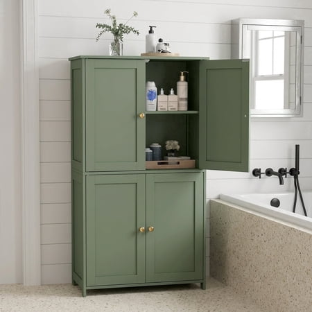 LEDREM Bathroom Storage Floor Cabinet Organizer with Adjustable Shelf 4 Magnetic Doors Freestanding for Living Kitchen Room Small Spaces,Green