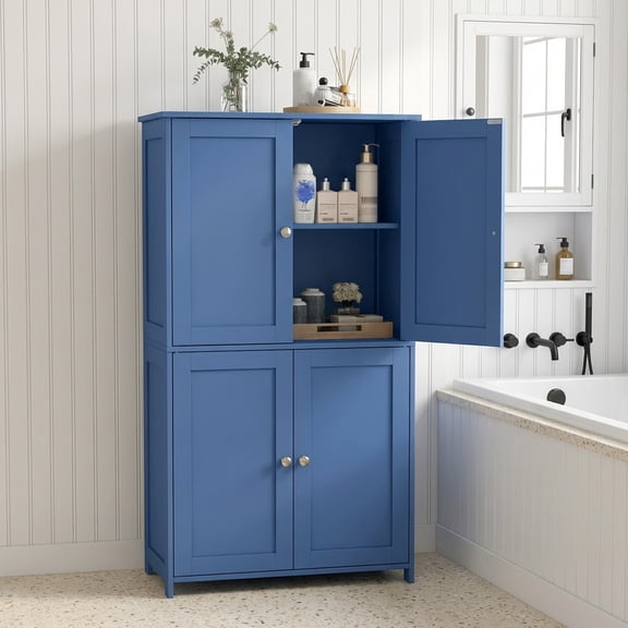 LEDREM Bathroom Storage Floor Cabinet Organizer with Adjustable Shelf 4 Magnetic Doors Freestanding for Living Kitchen Room Small Spaces,Blue