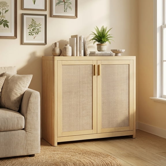 LEDREM Boho Buffet Cabinet, Sideboard Storage with Rattan-Look Doors, Adjustable Shelf, Rounded Corners, for Kitchen Dining Room, Oak Beige