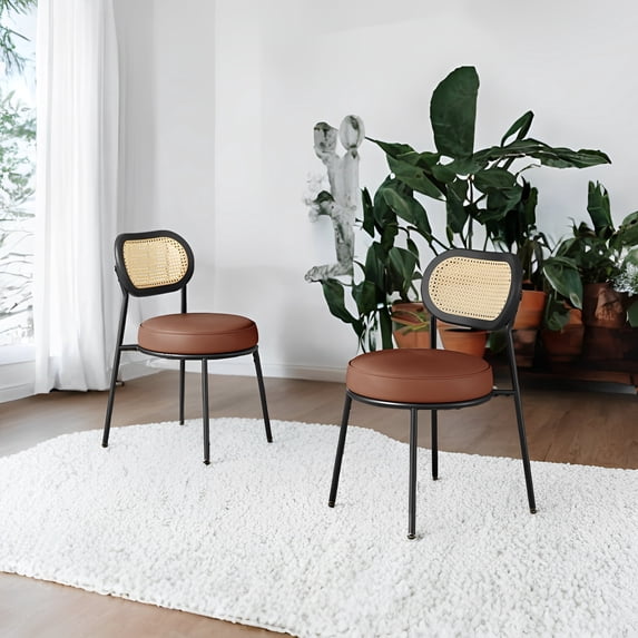 LEDREM Boho Dining Chairs Set of 2 - PE Rattan Backrest & Synthetic Leather Seat, Ergonomic Kitchen, Living Room Accent Chairs, Coffee Brown
