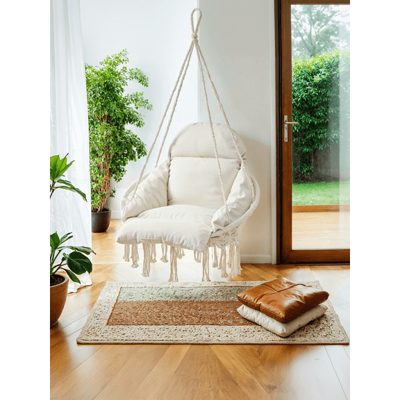 LEDREM Boho Hanging Chair with Large Thick Cushion, Hammock Swing Chair for Bedroom, Patio and Balcony, Holds 264 lb, Cream White