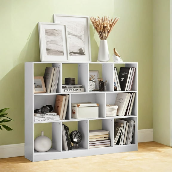 LEDREM Bookshelf - 11-Compartment Storage Unit, 386lb Capacity, Wall-Mountable, Multi-Directional Use, Easy Assembly, Cloud White