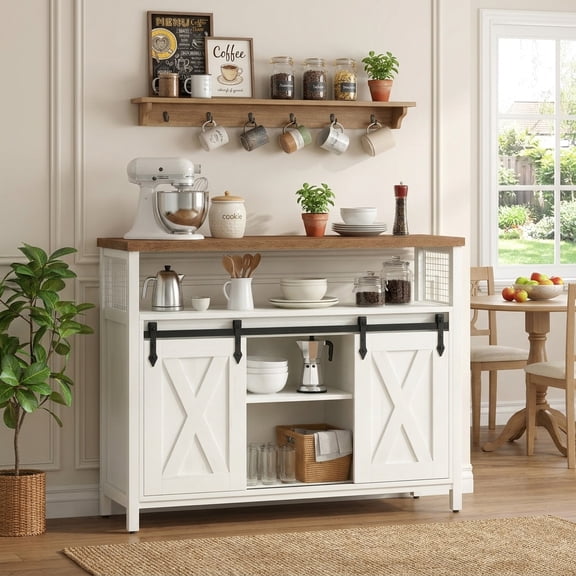 LEDREM Buffet Cabinet, Coffee Bar Storage with 2 Sliding Barn Doors & Adjustable Shelves, 39.4 Inch Sideboard for Living Room, Rustic White & Brown