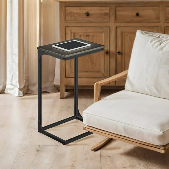 LEDREM C-Shaped End Table, 2pcs Sofa Side Tables, Space-Saving Design, Ebonized Oak and Black