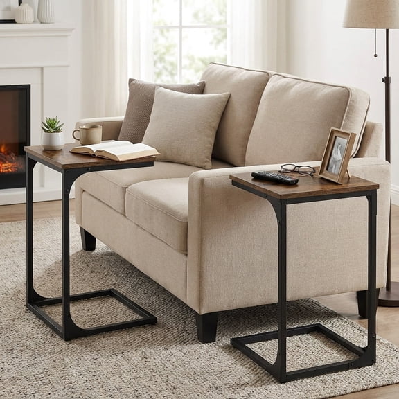 LEDREM 2PCS Slim C‑Shaped Side Table, Slide Under Sofa & Bed, Stable Steel Frame, 26.2” Height, Compact Space-Saving Bedside Table, Brown and Black