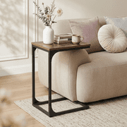LEDREM C-Shaped End Table - Slim Sofa Side Table with Metal Frame, Space-Saving Bedside Table for Living Room & Bedroom, Rustic Brown