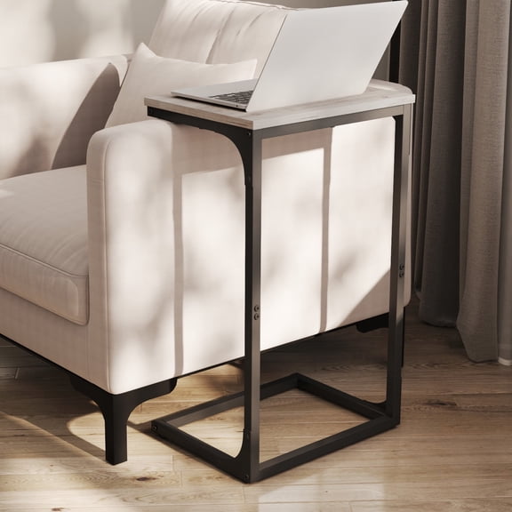 LEDREM C-Shaped End Table - Sofa Side Table with Metal Frame, Space-Saving Design, 26.3" Height, Greige and Black