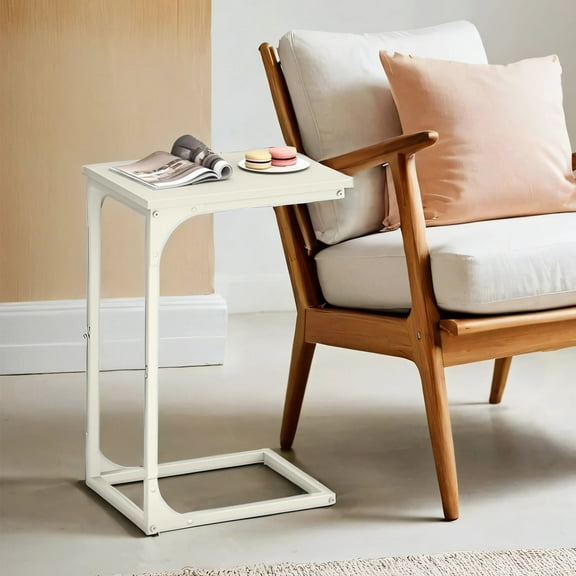 LEDREM C-Shaped End Table - Space-Saving Sofa Side Table with Metal Frame, Multi-Functional Bedside Table for Small Spaces, Cream White