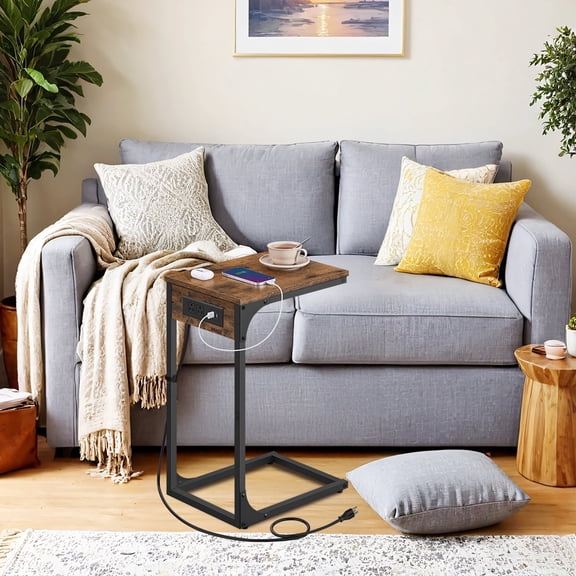 LEDREM C-Shaped End Table with Built-in Charging Station, 2 USB Ports & 2 Outlets, Adjustable Feet for Sofa or Bed, Rustic Brown