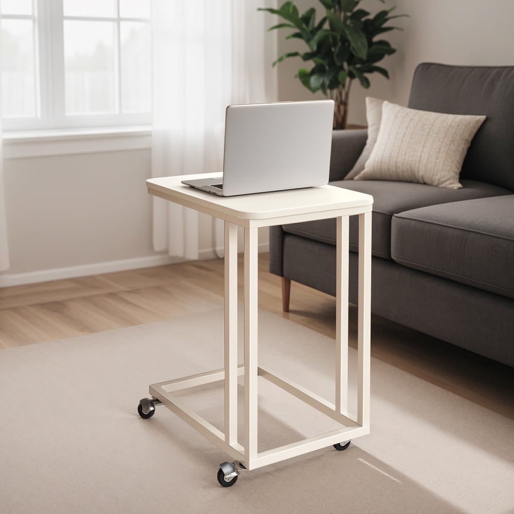 LEDREM C-Shaped End Table with Wheels, Industrial Rolling Side Table for Sofa & Bed, 23.6 Inch Mobile Laptop Table, Cream White
