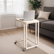 LEDREM C-Shaped End Table with Wheels, Industrial Rolling Side Table for Sofa & Bed, 23.6 Inch Mobile Laptop Table, Cream White