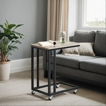 LEDREM C-Shaped End Table with Wheels, Industrial Rolling Side Table for Sofa & Bed, 23.6 Inch Mobile TV Tray, Greige & Black
