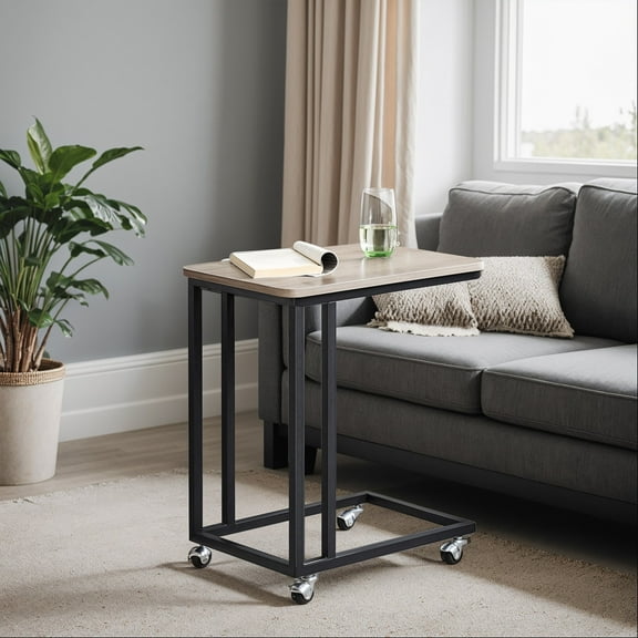 LEDREM C-Shaped End Table with Wheels, Industrial Rolling Side Table for Sofa & Bed, 23.6 Inch Mobile TV Tray, Greige & Black
