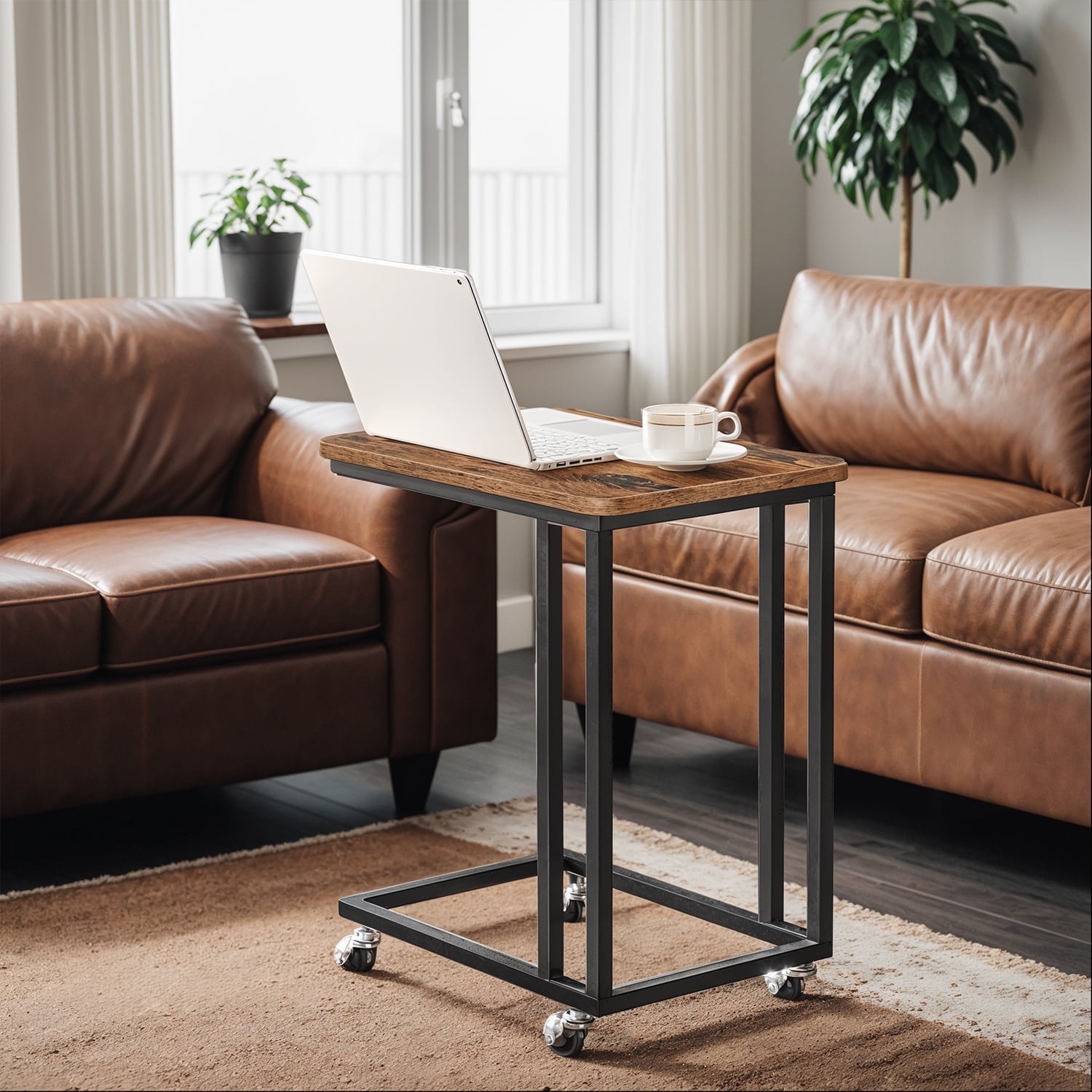 LEDREM C-Shaped End Table with Wheels - Industrial Side Table for Sofa & Bed, Adjustable Height, Rustic Brown and Black