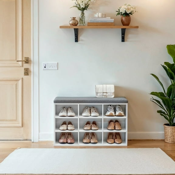 LEDREM  Shoe Bench , 9-Compartment Storage Bench with Removable Cushion , No-Tool Assembly Entryway Organizer ,Cloud White and Dove Gray