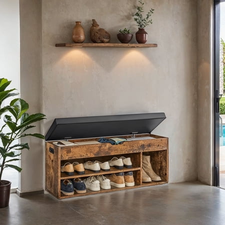 LEDREM Storage Bench with Cushion, Shoe Bench with Padded Seat, Entryway Bench with 3 Compartments, Hidden Storage, Shelves, Brown and Black