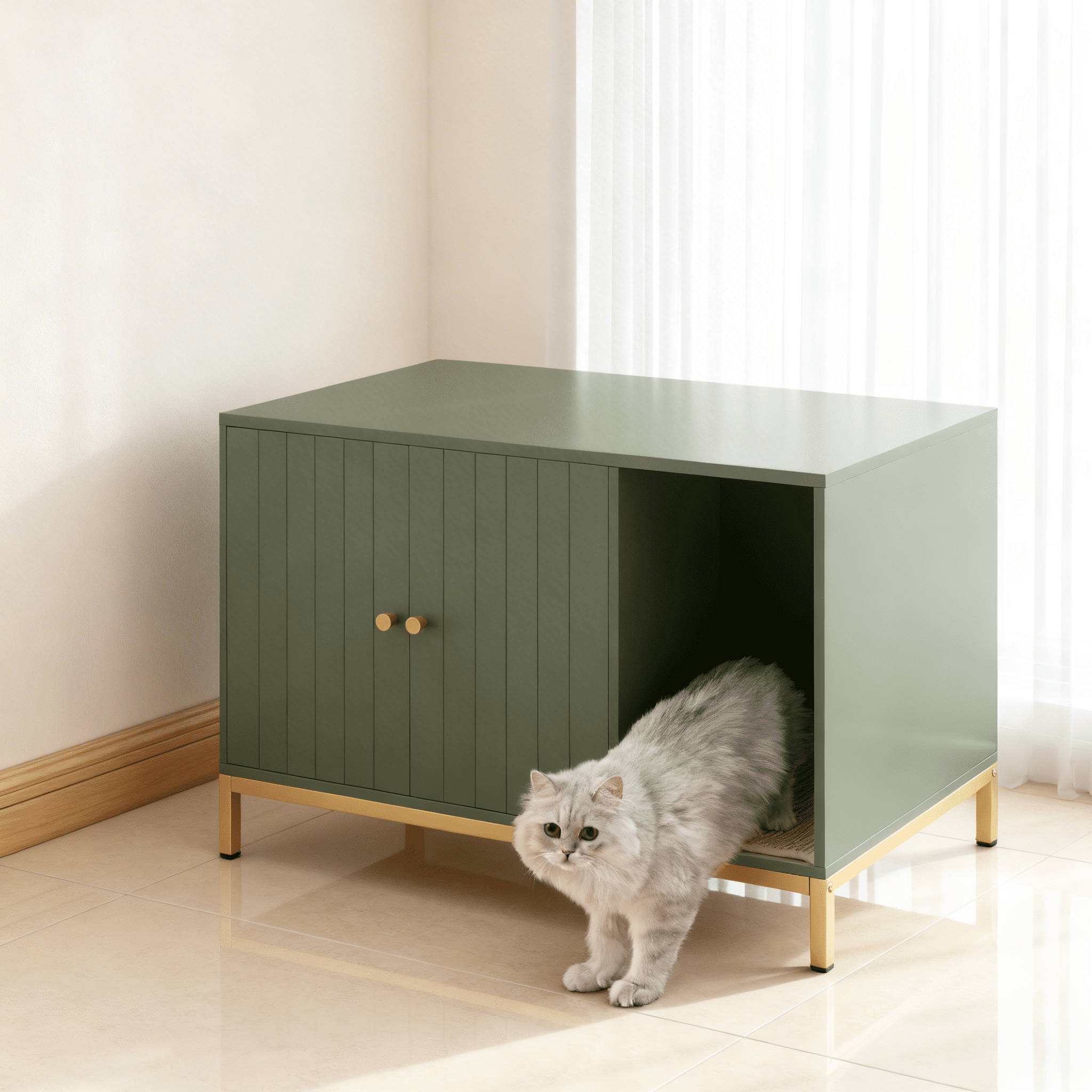 LEDREM Cat Litter Box Enclosure with Scratch Pad, Hidden Litter Box Furniture with Double Cabinet Doors, Side End Table, Forest Green and Gold