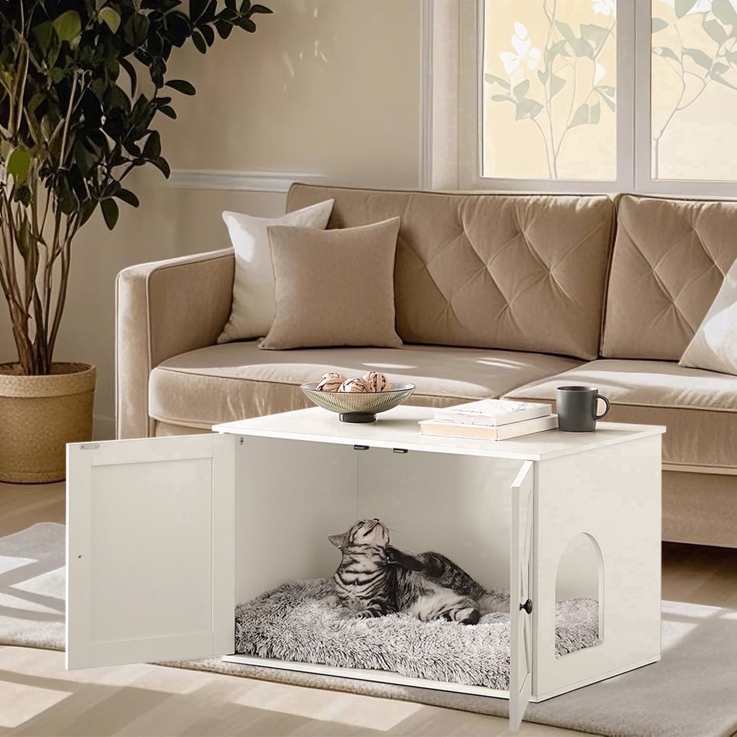 LEDREM Cat Litter Box Furniture Enclosure, Multi-Functional Hidden Washroom with Removable Divider for Indoor Cats,L, White