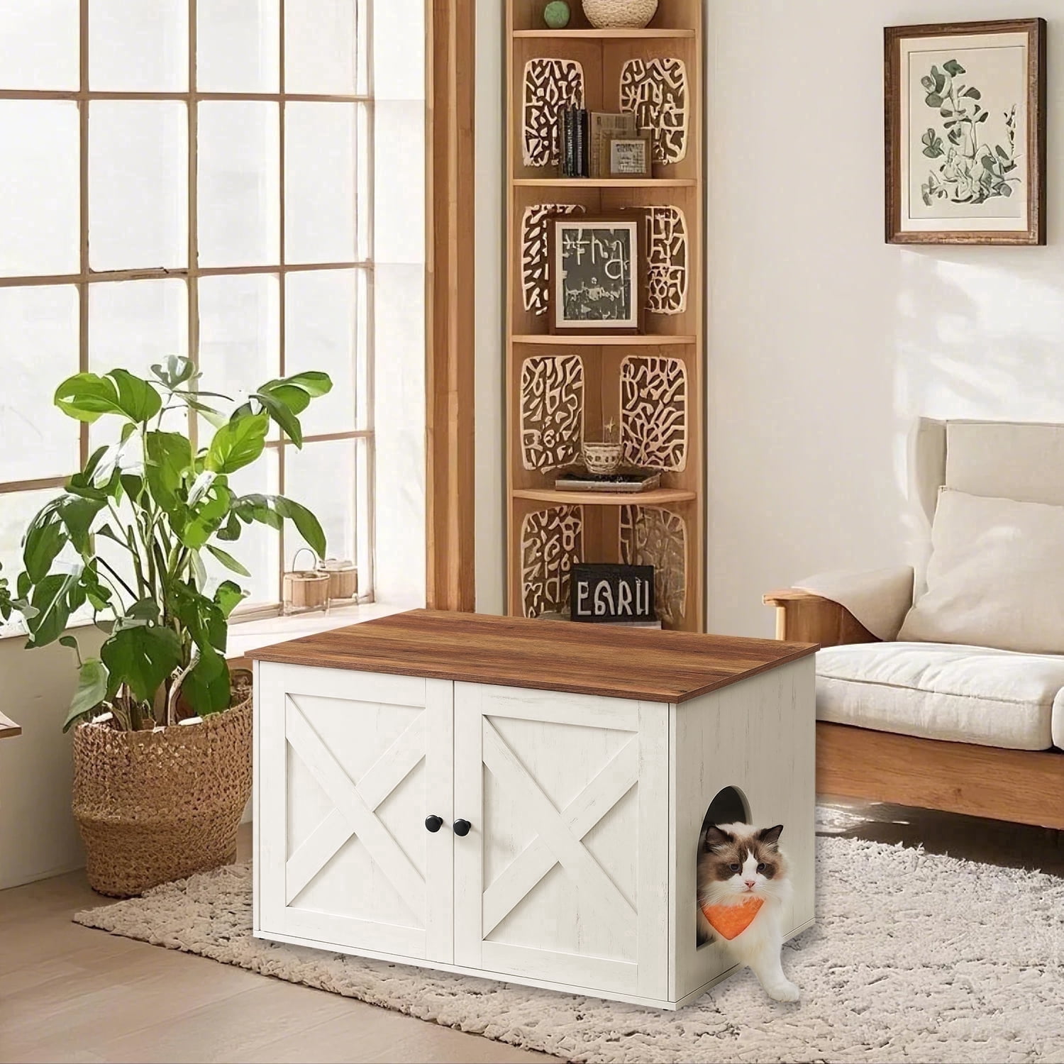 LEDREM Cat Litter Box Furniture Enclosure,Multi-Functional Hidden Washroom with Removable Divider for Indoor,L,Honey Brown and Rustic White