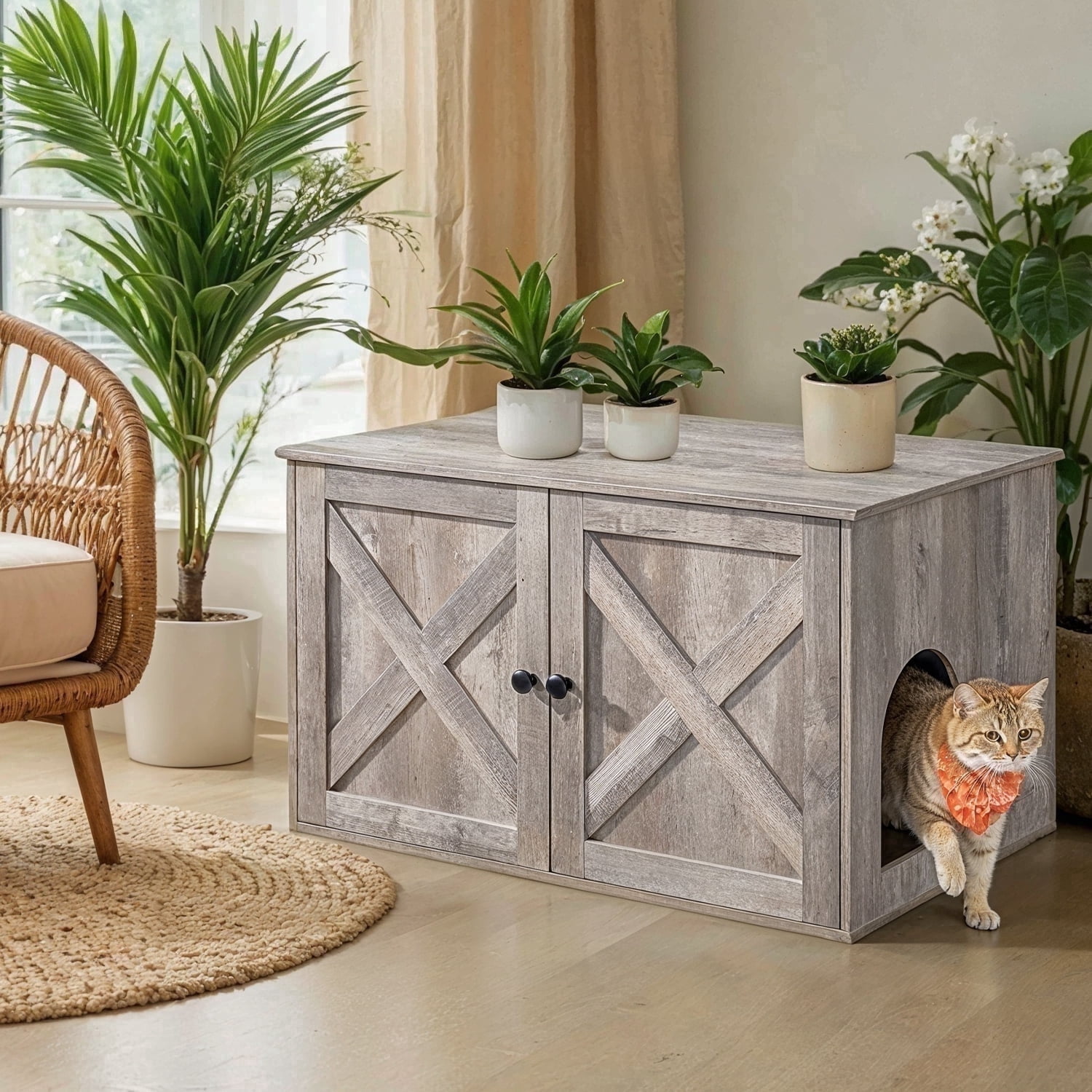 LEDREM Cat Litter Box Furniture Enclosure,Multi-Functional Hidden Washroom with Removable Divider for Indoor,L,Greige