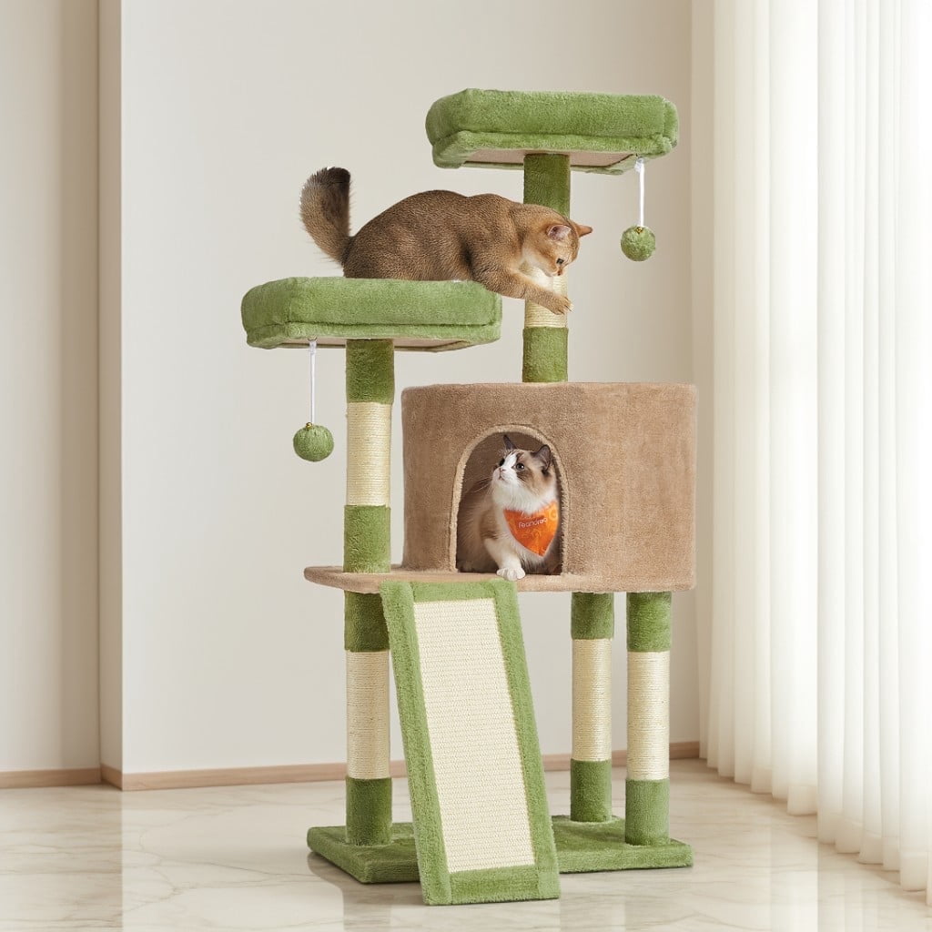 LEDREM Cat Tower, 45.3-Inch Indoor Cat Tree with Scratching Ramp, Perches, Spacious Cat Cave, Multi-Level Condo for Kittens, Adult Cats, Grass Green and Camel Brown