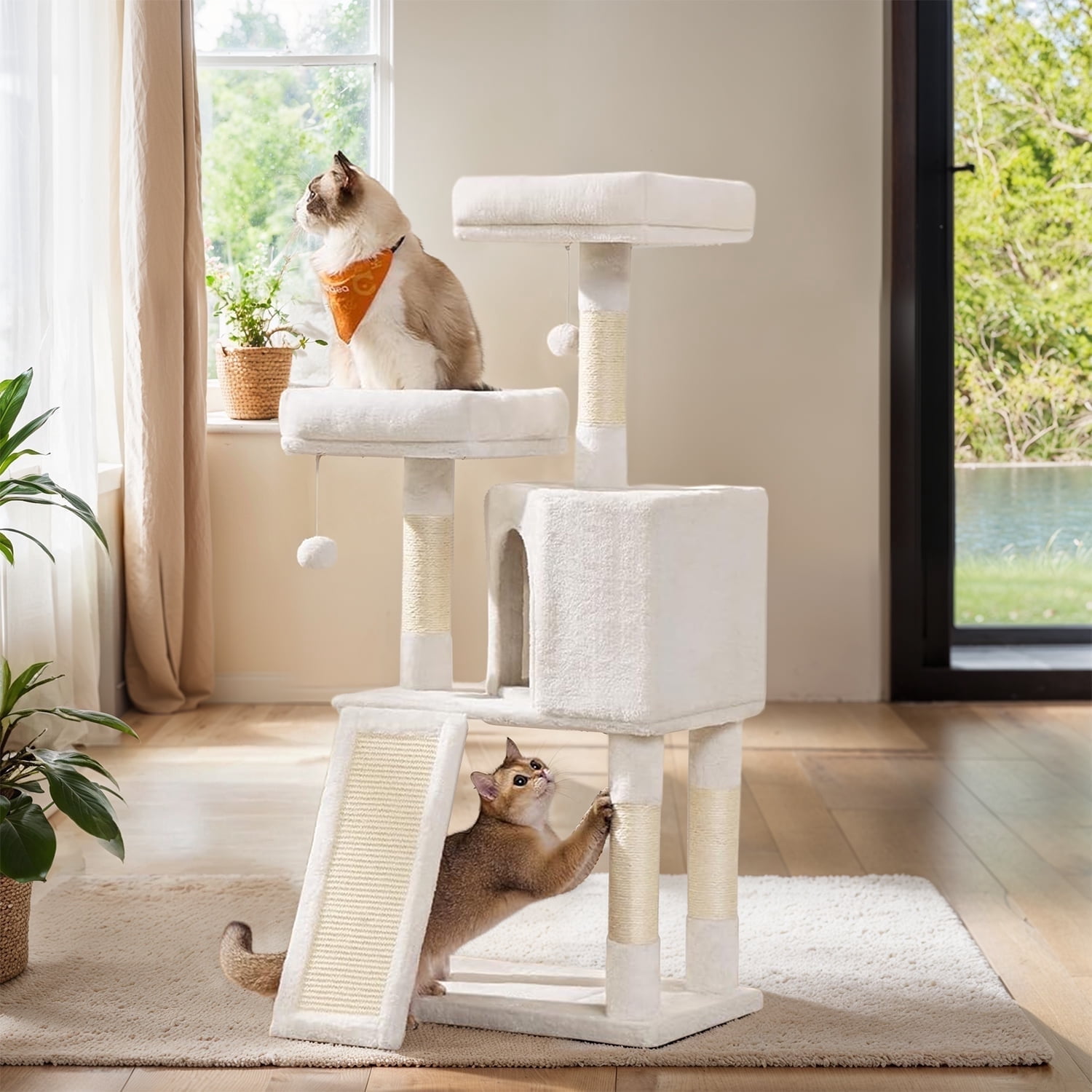 LEDREM Cat Tower, 45.3-Inch Indoor Cat Tree with Scratching Ramp, Perches, Spacious Cat Cave, Multi-Level Condo for Kittens, Adult Cats, Cream White