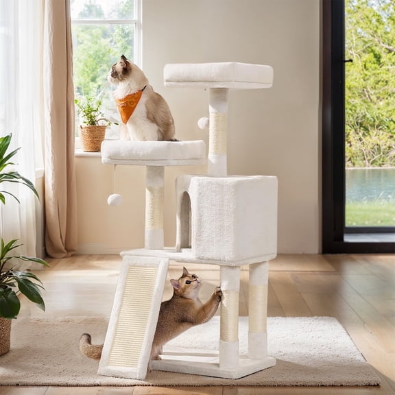 LEDREM Cat Tower, 45.3-Inch Indoor Cat Tree with Scratching Ramp, Perches, Spacious Cat Cave, Multi-Level Condo for Kittens, Adult Cats, Cream White