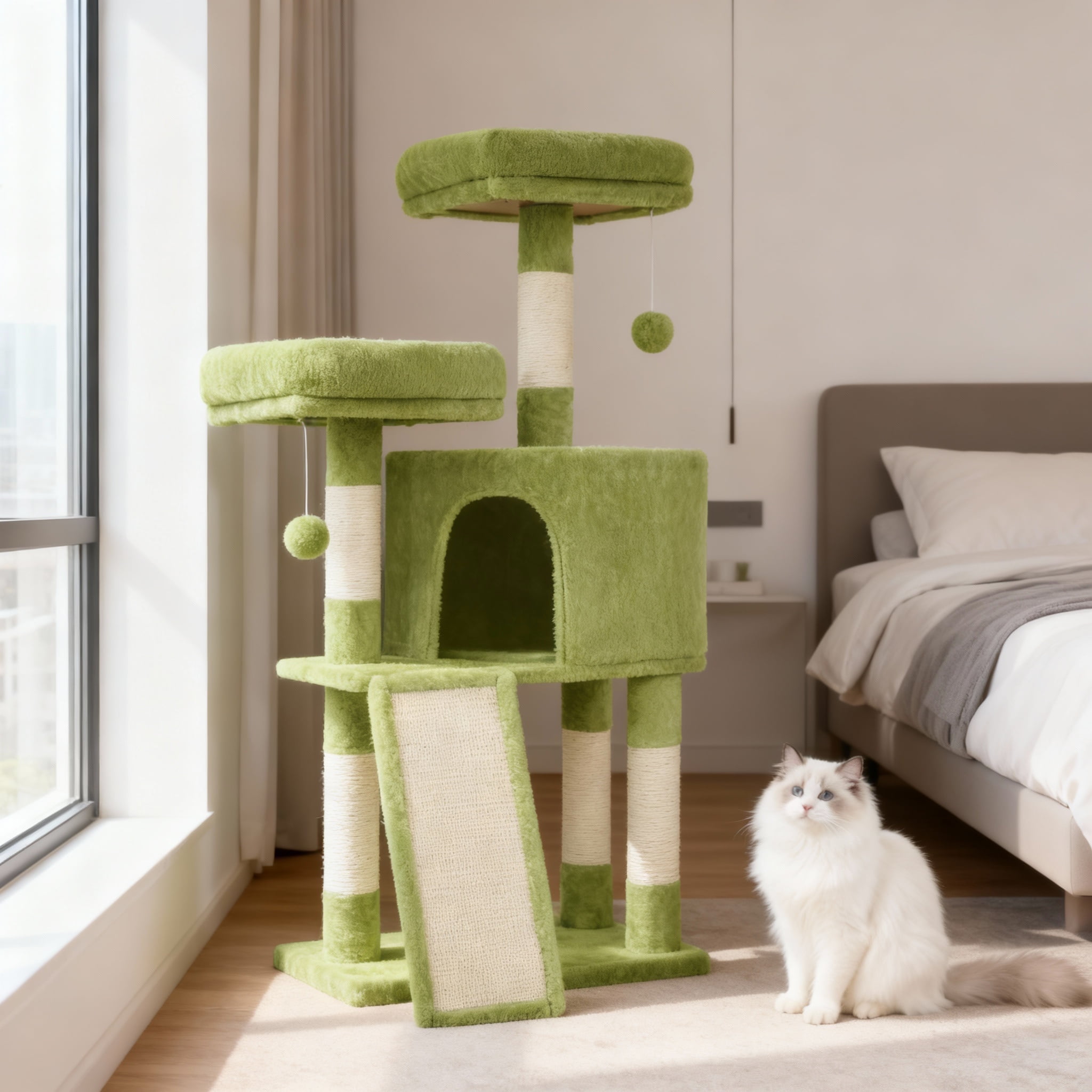 LEDREM Cat Tower, 45.3-Inch Indoor Cat Tree with Scratching Ramp, Perches, Spacious Cat Cave, Multi-Level Condo for Kittens, Adult Cats, Grass Green