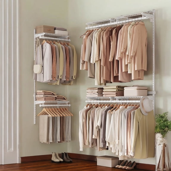 LEDREM Closet Organizer System , 4-8 ft Wide Adjustable Shelving Unit with 6 Rods & 6 Shelves , Freestanding Storage Insert for Bedroom Pantry Garage , Cloud White