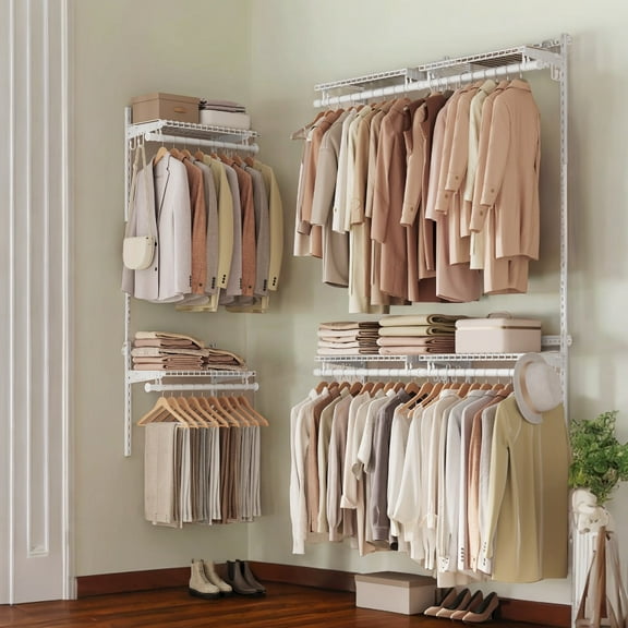 LEDREM Closet Organizer System , 4-8 ft Wide Adjustable Shelving Unit with 6 Rods & 6 Shelves , Freestanding Storage Insert for Bedroom Pantry Garage , Cloud White