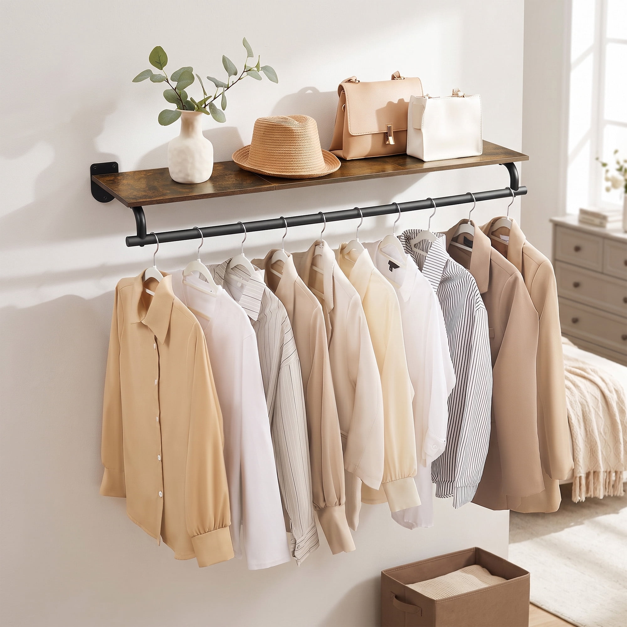 LEDREM Clothes Rack with Top Shelf, Wall Mounted Clothing Rack, with ...