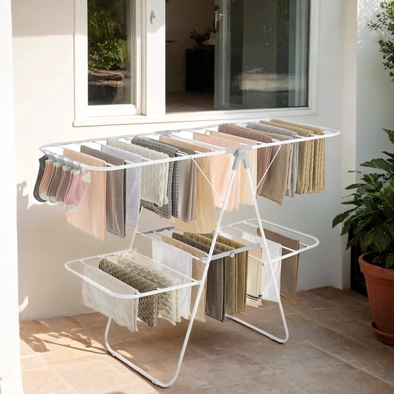 LEDREM 2-Tier Clothes Drying Rack, Foldable with 4 Adjustable Wings, 33 Rails, 27 Sock Clips, Free-Standing for Indoor/Outdoor Use, White and Gray