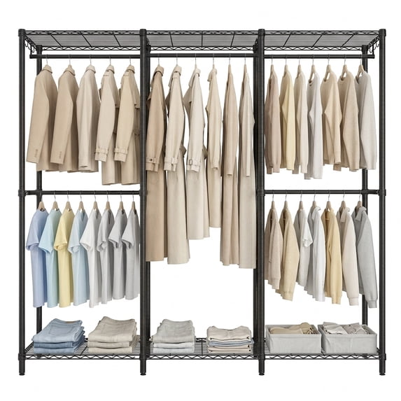 LEDREM Clothing Rack with Adjustable Shelves & Hanging Rails, Heavy-Duty Garment Rack, Freestanding Portable Wardrobe, Hooks, Ink Black