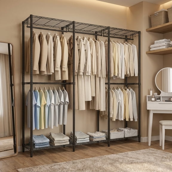 Ledrem Clothing Rack with Adjustable Shelves & Hanging Rails, Heavy-Duty Garment Rack, Freestanding Portable Wardrobe, Hooks, Ink Black