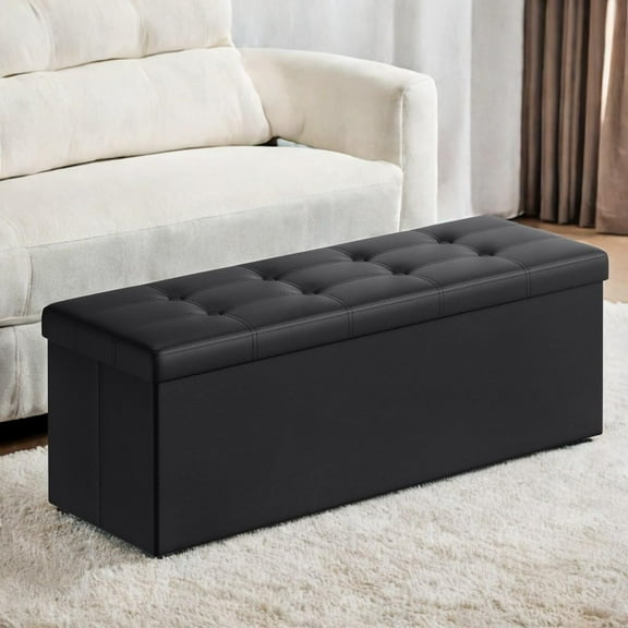 LEDREM 43" Foldable Storage Ottoman Bench, Ottoman with Storage 660lb Capacity, Synthetic Leather Ottoman Footstool, Black