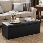 LEDREM 43" Foldable Storage Ottoman Bench, Ottoman with Storage 660lb Capacity, Synthetic Leather Ottoman Footstool, Black
