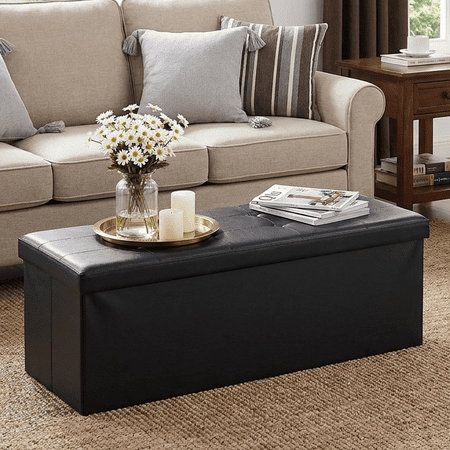 LEDREM 43" Foldable Storage Ottoman Bench, Ottoman with Storage 660lb Capacity, Synthetic Leather Ottoman Footstool, Black