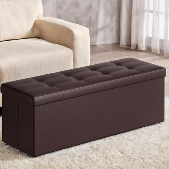 LEDREM 43" Foldable Storage Ottoman Bench, Ottoman with Storage 660lb Capacity, Synthetic Leather Ottoman Footstool, Brown