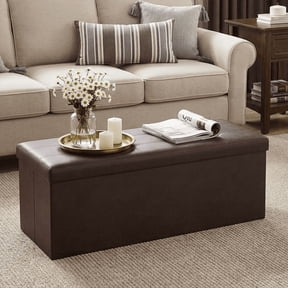 LEDREM 43" Foldable Storage Ottoman Bench, Ottoman with Storage 660lb Capacity, Synthetic Leather Ottoman Footstool, Brown