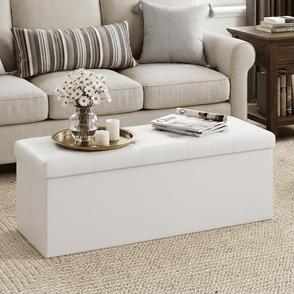 LEDREM 43" Foldable Storage Ottoman Bench, Ottoman with Storage 660lb Capacity, Synthetic Leather Ottoman Footstool, White