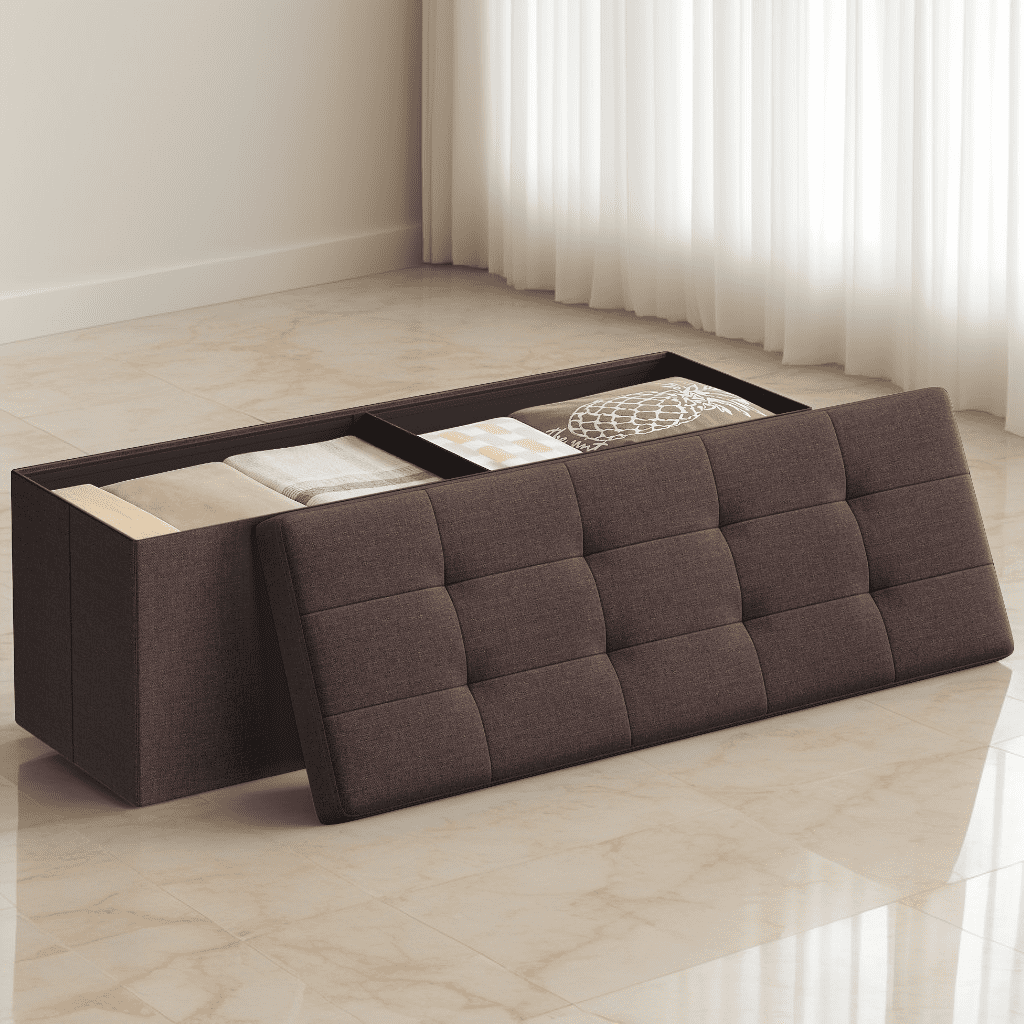 LEDREM 43" Foldable Storage Ottoman Bench with 660lb Capacity, Ottoman with Storage, Footrest, for Living Room, Bedroom, Brown