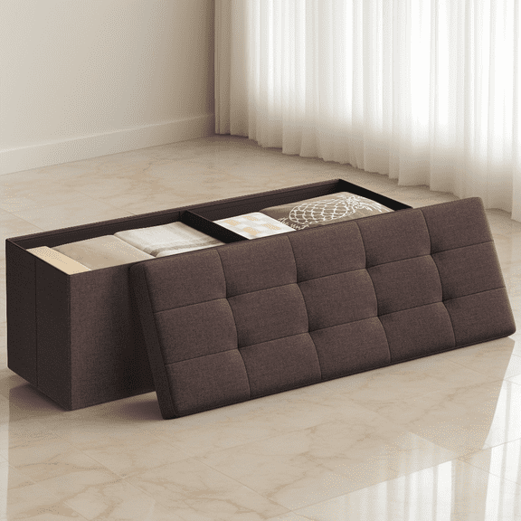 LEDREM 43" Foldable Storage Ottoman Bench with 660lb Capacity, Ottoman with Storage, Footrest, for Living Room, Bedroom, Brown