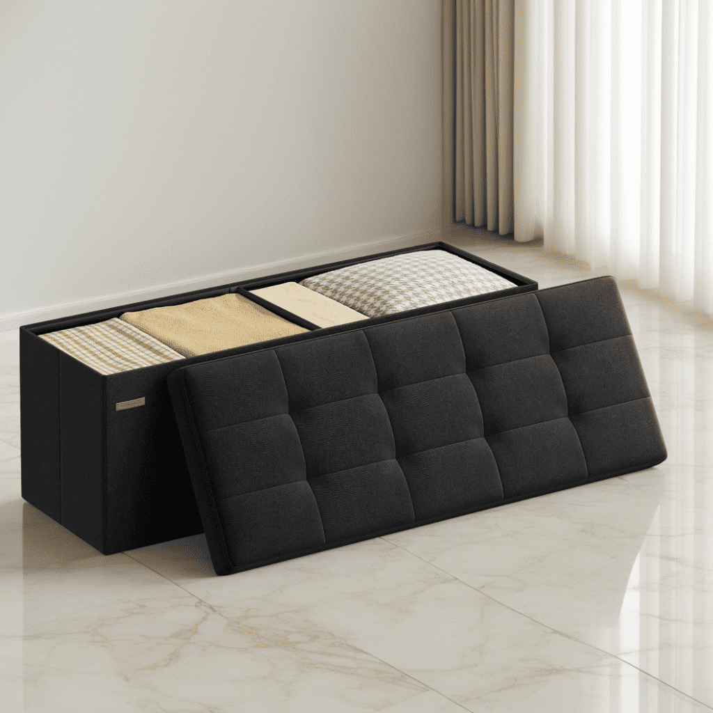 LEDREM 43" Foldable Storage Ottoman Bench with 660lb Capacity, Ottoman with Storage, Footrest, for Living Room, Bedroom, Ink Black