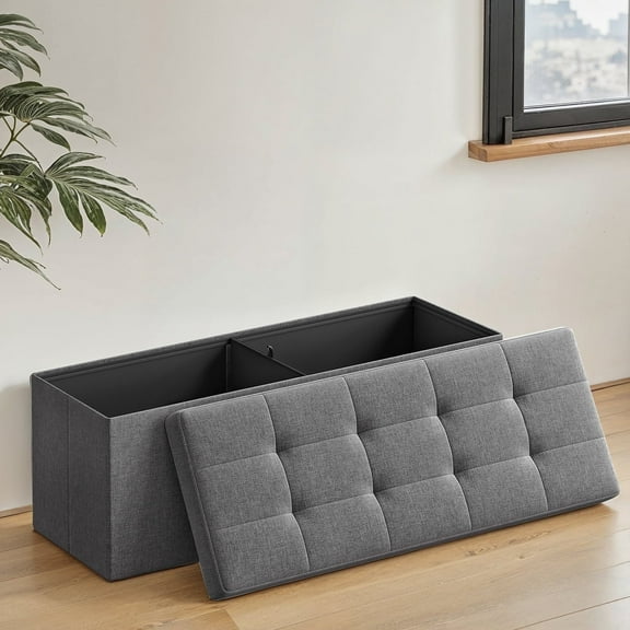 LEDREM 43" Foldable Storage Ottoman Bench with 660lb Capacity, Ottoman with Storage, Footrest, for Living Room, Bedroom, Dark Gray