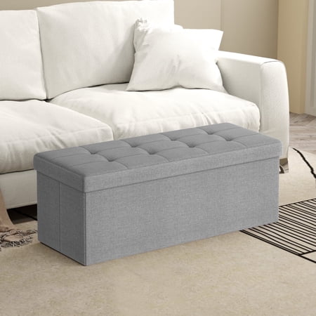 LEDREM 43" Foldable Storage Ottoman Bench with 660lb Capacity, Ottoman with Storage, Footrest, for Living Room, Bedroom, Light Gray