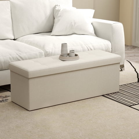 LEDREM 43" Folding Storage Ottoman Bench with 660lb Capacity, Ottoman with Storage, Footrest, for Living Room, Bedroom, Off-White