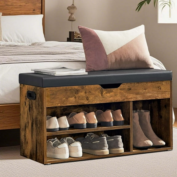 LEDREM Shoe Storage Bench with Cushion, Shoe Organizer with Compartment Open Shelf, Rustic Brown and Black