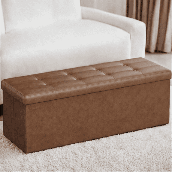 LEDREM 43" Foldable Storage Ottoman Bench, Ottoman with Storage 660lb Capacity, Synthetic Leather Ottoman Footstool, Coffee Brown