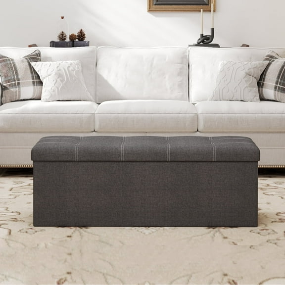 LEDREM Collection Storage Ottoman Bench, 43" Extra Large 35 Gal Capacity, 660 lb Weight Capacity, Sturdy MDF Frame with Linen-Look Fabric, Multi-Functional, Dark Gray